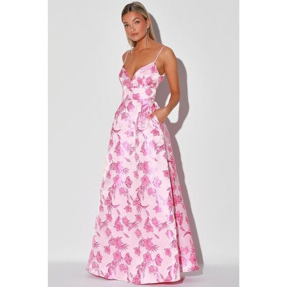 Lulu's Women's size S Passion Pink Floral Print Jacquard Maxi Dress Gown Lined - Picture 2 of 14